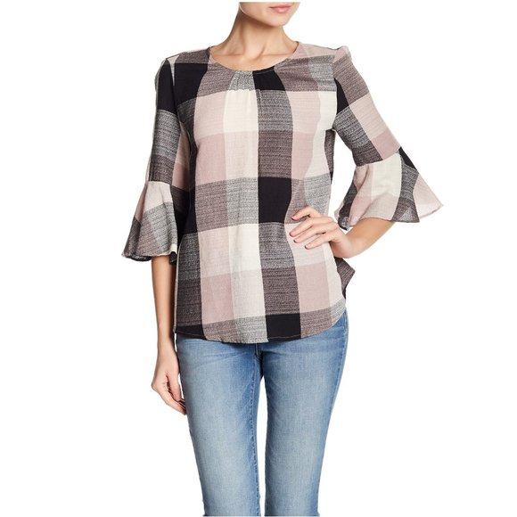 Anthropologie Tops - Anthro RO & DE Bell Sleeve Plaid Tie-Back Top sz S